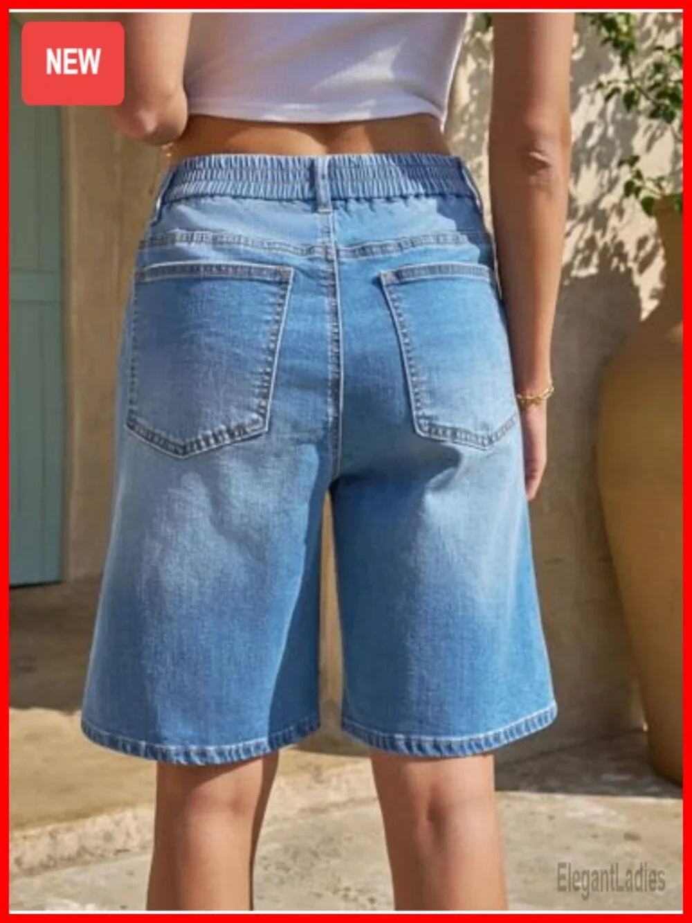 Women's High Waist Denim Bermuda Shorts Elastic Pull On Casual Long Shorts